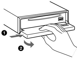 Diagram showing a hand pressing a device with two arrows indicating motion, labeled ① and ②.