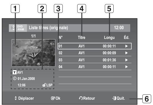 SAMSUNG DVD-VR 375 - Éléments de l'écran de la liste de titres - 1