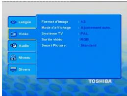 TOSHIBA SD 271 - Utilisation du menu de réglage vidéo - 1