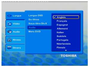 TOSHIBA SD 271 - Langue des menus audio, sous-titres et DVD - 1