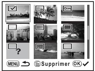 PENTAX K200D+KC+OBJ+DBG3+FT - Utilisation du bouton de navigation (   ) pour déplacer les images à supprimer et appuyez sur le bouton OK. - 1