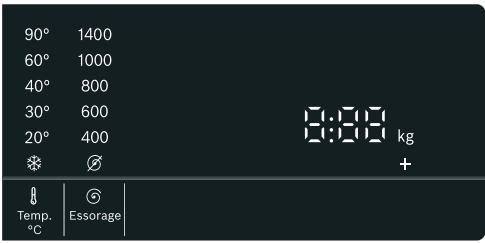 90° 1400 60° 1000 40° 800 30° 600 20° 400 ※ ⚙ Temp. °C | Essorage 8:00 kg +