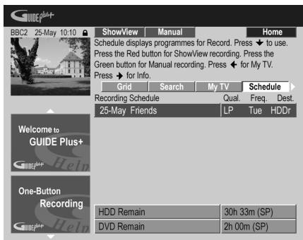 PIONEER DVR 540 HX - Sélectionnez 'Schedule' sur la barre de menu. - 1