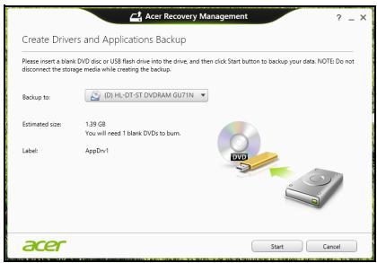 ACER ICONIA W4-820 6460 - Cliquez sur create drivers and applications backup (créer la sauvegarde des pilotes et des applications). - 2