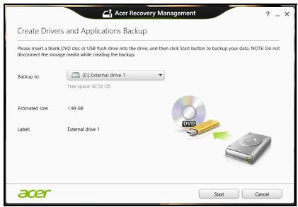 ACER ICONIA W4-820 6460 - Cliquez sur create drivers and applications backup (créer la sauvegarde des pilotes et des applications). - 1