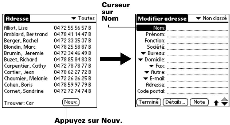 PALM m100 - Pour créer une nouvelle entrée de l'application adresses : - 1