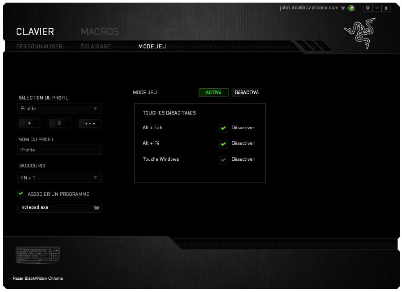 RAZER BLACKWINDOW CHROMA - Onglet mode jeu - 1