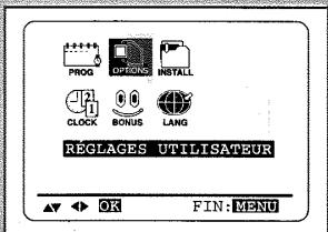 PROG OPTIONS INSTALL CLOCK BONUS LANG RéGLAGES UTILISATEUR OK FIN: MENU