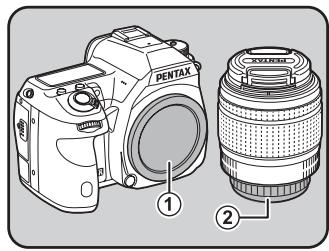 PENTAX K7+DA18-55WR+50-200 - Retirez les caches de la monture du boîtier (1) et de la monture de l'objet (2). - 1