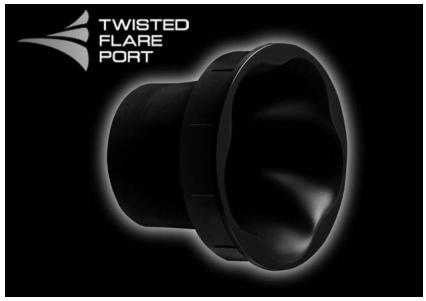 Des turbulences d'air surviennent. Évent classique → Les turbulences sont diffusées, le flux d'air circule mieux. Twisted Flare Port