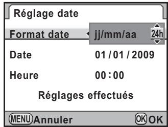PENTAX KX+KC+18-55 - Utilisez le bouton de navigation (▲▼) pour sélectionner [24h] (affichage 24 heures) ou [12h] (affichage 12 heures). - 1