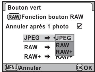 PENTAX KX+KC+18-55 - Appuyez sur le bouton de navigation (▶) et utilisez le bouton de navigation (▲▼) pour sélectionner un format de fichier lorsque le bouton ⊙ est enfoncé. - 1