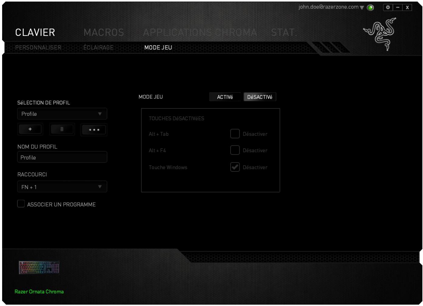 RAZER NC - Onglet Mode Jeu - 1