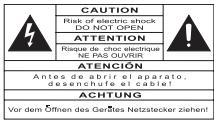 CAUTION Risk of electric shock DO NOT OPEN ATTENTION Risque de choc électrique NE PAS OUVRIR ATENCIÓN Antes de abrir el aparato, desenchute el cable! ACHTUNG Vor dem Öffnen des Gerätes Netzstecker ziehen!