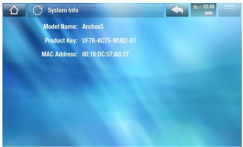 ARCHOS A5 INTERNET TABLE 32 - Paramètres SYSTEM INFO [informations système] - 1
