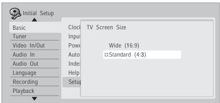 PIONEER DVR-RT601H-S - Sélectionnez le type d'écran qui équipe le téléviseur, 'Wide (16:9)' ou 'Standard (4:3)'. - 1