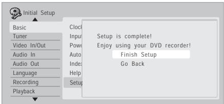 PIONEER DVR-RT601H-S - Appuyez sur ENTER pour quitter Setup Navigator, ou bien sélectionnez 'Go Back' dans le cas où vous souhaiteriez reprendre les réglages. - 1