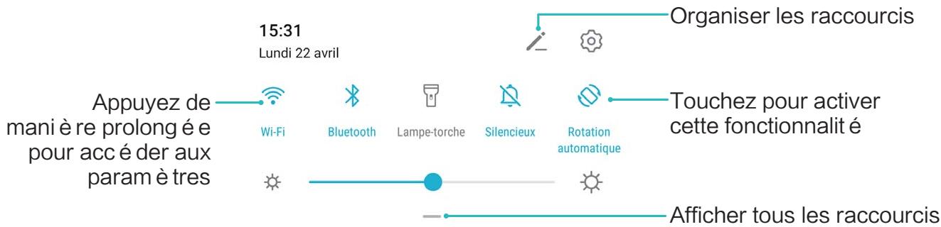 HUAWEI nova 5st - Utiliser les options de raccourci pour activer ou désactiver rapidement les fonctions gratuitement utilisées - 1