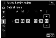NIKON Z6 - Réglez l'horloge. sélectionnez date et heures et servez-vous du sélecteur multidirectionnel pour régler l'horloge. appuyez sur après avoir réglé l'horloge (notez que l'appareil photo dispose d'une horloge de 24 heures). - 1
