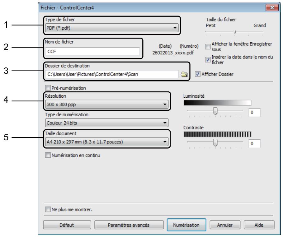 Fichier - ControlCenter4 1 Type de fichier PDF (*.pdf) 2 Nom de fichier CCF (Date) (Numéro) 26022013_xxxx.pdf 3 Dossier de destination C:\Users\User\Pictures\ControlCenter4\Scan 4 Pré-numérisation Résolution 300 x 300 ppp 5 Type de numérisation Couleur 24 bits Taille document A4 210 x 297 mm (8.3 x 11.7 pouces) 5 Numérisation en continu 6 Taille du fichier Petit Grand Afficher la fenêtre Enregistrer sous Insérer la date dans le nom du fichier Afficher Dossier Luminosité 0 Contraste 0 Ne plus me montrer. Défaut Paramètres avancés Numérisation Annuler Aide