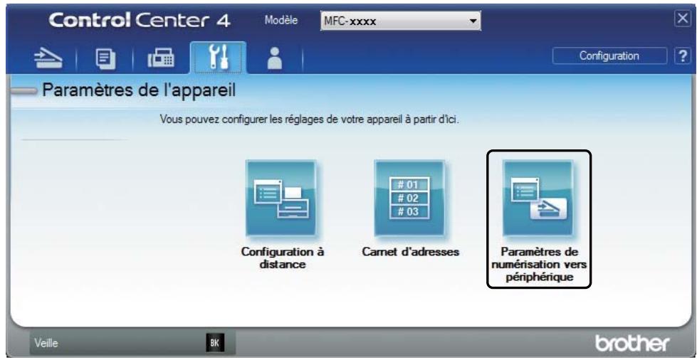 Control Center 4 Modèle MFC-xxxx Configuration ? Paramètres de l'appareil Vous pouvez configurer les réglages de votre appareil à partir d'ici. Configuration à distance Carnet d'adresses 01 02 03 Paramètres de numérisation vers périphérique Veille 8K brother