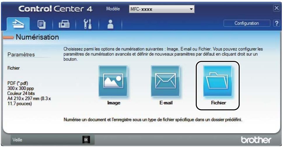 Control Center 4 Modèle MFC-xxxx Configuration ? Numérisation Paramètres Choisissez parmi les options de numérisation suivantes : Image, E-mail ou Fichier. Vous pouvez configurer les paramètres de numérisation avancés et définir de nouveaux paramètres par défaut en cliquant droit sur un bouton. Fichier PDF (*.pdf) 300 x 300 ppp Couleur 24 bits A4 210 x 297 mm (8.3 x 11.7 pouces) Image E-mail Fichier Numérise un document et l'enregistre sous un type de fichier spécifique dans un dossier prédéfini. Veille 8K brother