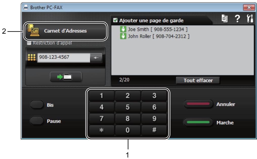 Brother PC-FAX Carnet d'Adresses Restriction d'appel 908-123-4567 Ajouter une page de garde Joe Smith [ 908-555-1234 ] John Roller [ 908-704-2312 ] 2/20 Tout effacer Bis Pause 1 2 3 4 5 6 7 8 9 * 0 # Annuler Marche