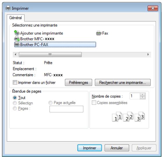 Imprimer Général Sélectionnez une imprimante Ajouter une imprimante Brother MFC- xxxx Brother PC-FAX Statut : Prête Emplacement : Commentaire : MFC- xxxx Imprimer dans un fichier Préférences Rechercher une imprimante... Étendue de pages Tout Sélection Page actuelle Pages : Nombre de copies : 1 Copies assemblées 1 2 3 Imprimer Annuler Appliquer