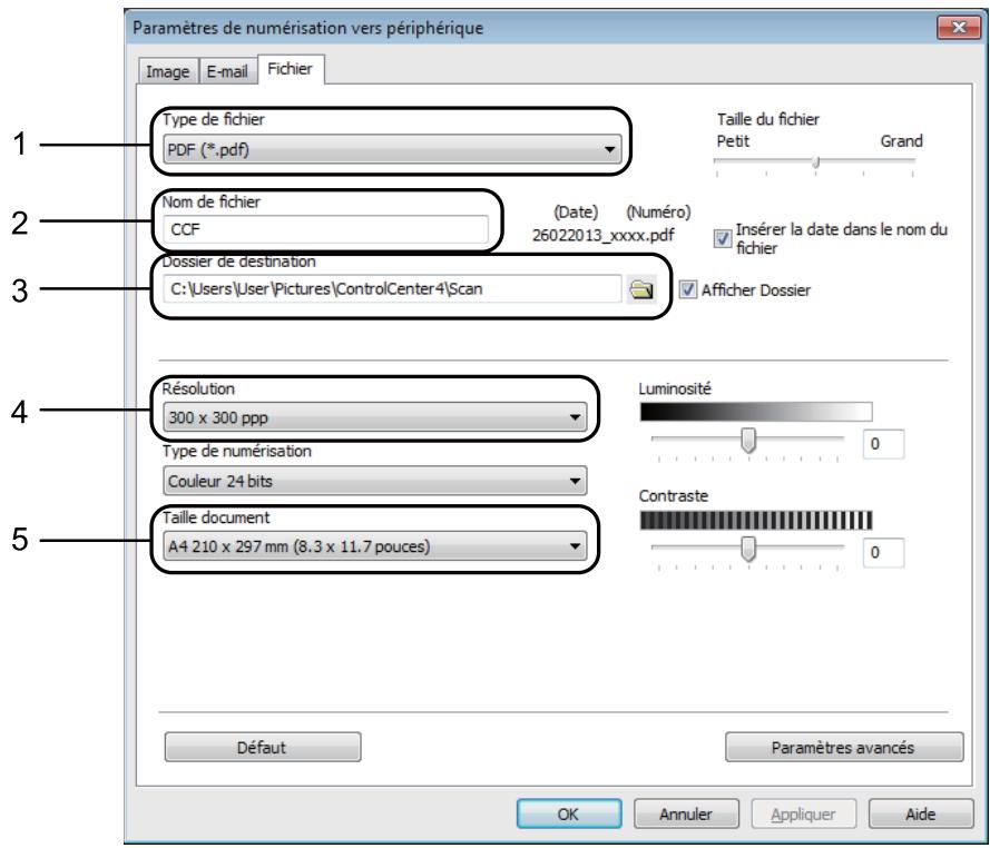 Paramètres de numérisation vers périphérique Image E-mail Fichier 1 Type de fichier PDF (*.pdf) 2 Nom de fichier CCF (Date) (Numéro) 26022013_xxxx.pdf 3 Dossier de destination C:\Users\User\Pictures\ControlCenter4\Scan 4 Résolution 300 x 300 ppp 5 Type de numérisation Couleur 24 bits Taille document A4 210 x 297 mm (8.3 x 11.7 pouces) Taille du fichier Petit Grand Insérer la date dans le nom du fichier Afficher Dossier Luminosité 0 Contraste 0 Défaut Paramètres avancés OK Annuler Appliquer Aide