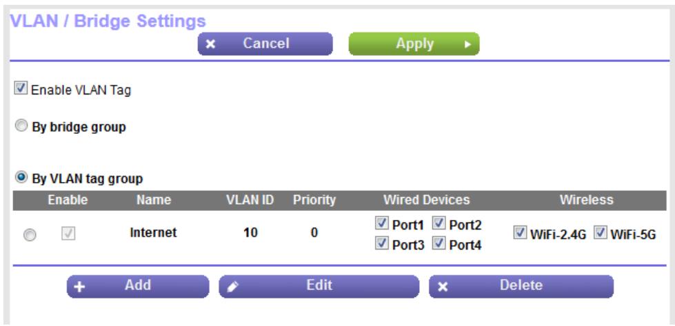 NETGEAR R6080-AC1000 - To add a VLAN tag group and enable the bridge: - 1