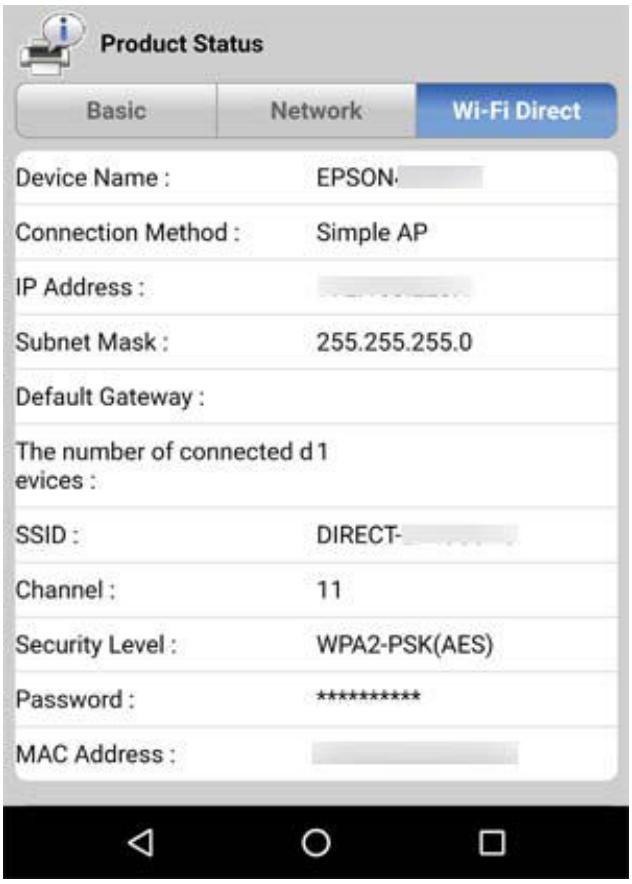 Product Status Basic Network Wi-Fi Direct Device Name : EPSON. Connection Method : Simple AP IP Address : Subnet Mask : 255.255.255.0 Default Gateway : The number of connected d1 evices : SSID : DIRECT- Channel : 11 Security Level : WPA2-PSK(AES) Password : ****************** MAC Address : ___________________