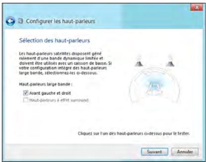 Configurer les haut-parleurs Sélection des haut-parleurs Les haut-parleurs saturées disposent été ralement d'une bande dynamique limitée et doivent être utilisés avec un caisson de basse. Si votre configuration intégrage des haut-parleurs large bande, sélectionmes-les ci-dessus. Haut-parleurs large bande : ✓ Avant gauche et droit □ Haut-parleurs à effet surround! Cliquez sur l'un des haut-parleurs ci-dessus pour le tester. Suivant Annales