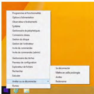 Programmes et fonctionnalités Options d'alimentation Observateur d'événements Système Gestionnaire de périphaliques Conneisse réseau Gestion du disque Gestion de l'ordinateur Invite de commandes Invite de commandes (admin) Gestionnaire des tâches Panneau de configuration Explorateur de fichiers Recherche Enécuter Amber ou se déconnecter Bureau Se déconnecter Mette en veille prolongée Amber Redemarrer