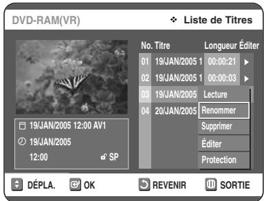 TOSHIBA D-VR 30 - Sélectionnez Renommer en déplaçant la barre de seLECTION à l'aide des touches ▲▼ puis appuyez sur OK ou sur ▷. L'écran Renommer apparait. - 1