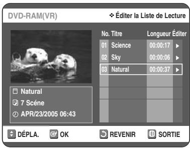TOSHIBA D-VR 30 - Sélectionnez dans la Liste de Lecture le titre que vous souhaitez supprimer en déplaçant la barre de selection à l'aide des touches ▲▼, puis appuyez sur OK ou sur ▷. - 5