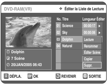 TOSHIBA D-VR 30 - Sélectionnez dans la Liste de Lecture le titre que vous souhaitez supprimer en déplaçant la barre de selection à l'aide des touches ▲▼, puis appuyez sur OK ou sur ▷. - 2