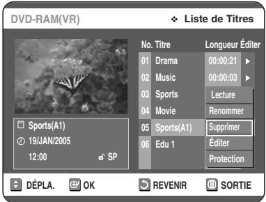 TOSHIBA D-VR 30 - Sélectionnez Supprimer en déplaçant la barre de seLECTION à l'aide des touches ▲▼ puis appuyez sur OK ou sur ▷. - 1