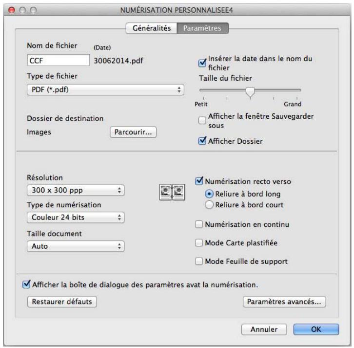 NUMÉRISATION PERSONNALISEE4 Généralités Paramètres Nom de fichier (Date) CCF 30062014.pdf Type de fichier PDF (*.pdf) Dossier de destination Images Parcourir... Insérer la date dans le nom du fichier Taille du fichier Petit Grand Afficher la fenêtre Sauvegarder sous Afficher Dossier Résolution 300 x 300 ppp Type de numérisation Couleur 24 bits Taille document Auto Numérisation recto verso Reliure à bord long Reliure à bord court Numérisation en continu Mode Carte plastifiée Mode Feuille de support Afficher la boîte de dialogue des paramètres avat la numérisation. Restaurer défauts Paramètres avancés... Annuler OK