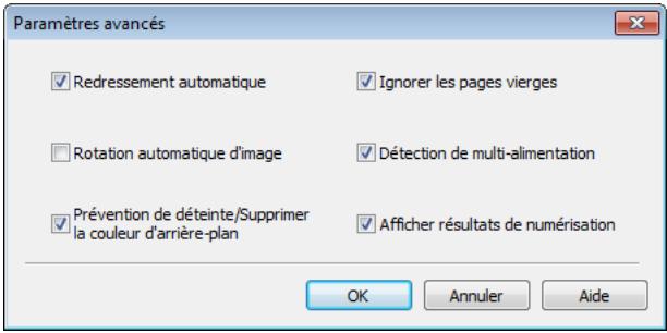 Paramètres avancés ✓ Redressement automatique ✓ Ignorer les pages vierges ✓ Rotation automatique d'image ✓ Détection de multi-alimentation ✓ Prévention de déteinte/Supprimer la couleur d'arrière-plan ✓ Afficher résultats de numérisation OK Annuler Aide