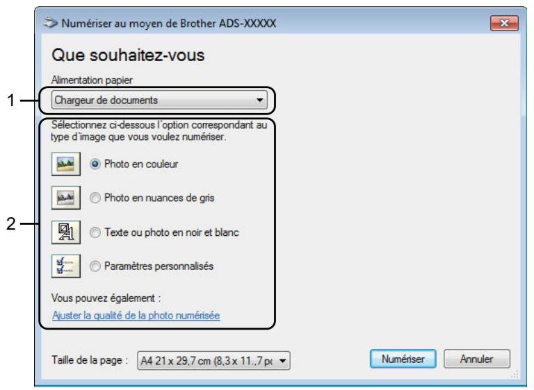 Numériser au moyen de Brother ADS-XXXXX Que souhaitez-vous Alimentation papier Chargeur de documents Sélectionnez ci-dessous l'option correspondant au type d'image que vous voulez numériser. Photo en couleur Photo en nuances de gris Texte ou photo en noir et blanc Paramètres personnalisés Vous pouvez également : Auster la qualité de la photo numérisée Taille de la page : A4 21 x 29.7 cm (8,3 x 11..7 px Numériser Annuler