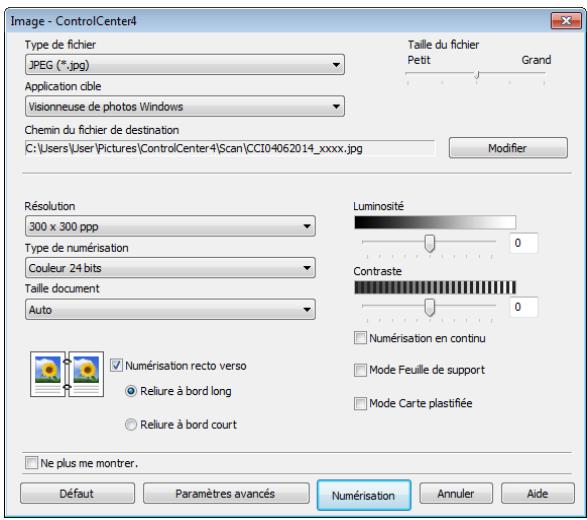 Image - ControlCenter4 Type de fichier JPEG (*.jpg) Application cble Visionneuse de photos Windows Chemin du fichier de destination C:\Users\User\Pictures\ControlCenter4\Scan\CCI04062014_xxxxx.jpg Taille du fichier Petit Grand Modifier Résolution 300 x 300 ppp Type de numérisation Couleur 24 bits Taille document Auto Luminosité 0 Contraste 0 Numérisation en continu Mode Feuille de support Mode Carte plastifiée Numérisation recto verso Reliure à bord long Reliure à bord court Ne plus me montrer. Défaut Paramètres avancés Numérisation Annuler Aide