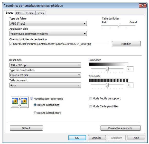 Paramètres de numérisation vers périphérique Image OCR E-mail Fichier Type de fichier JPEG (*.jpg) Application cible Visionneuse de photos Windows Chemin du fichier de destination C:\Users\User\Pictures\ControlCenter4\Scan\CCI04062014_xxxx.jpg Taille du fichier Petit Grand Modifier Résolution 300 x 300 ppp Type de numérisation Couleur 24 bits Taille document Auto Luminosité 0 Contraste 0 Numérisation recto verso Relure à bord long Relure à bord court Mode Feuille de support Mode Carte plastifiée Défaut Paramètres avancés OK Annuler Appliquer Aide