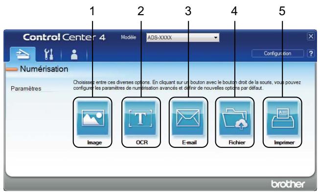 Control Center 4 Modèle ADS-XXXX Configuration ? Numérisation Paramètres Choisisse entre ces diverses options. En cliquant sur un bouton avec le bouton droit de la sourie, vous pouvez configués les paramètres de numérisation avancés et définir de nouvelles options par défaut. Image OCR E-mail Fichier Imprimer brother