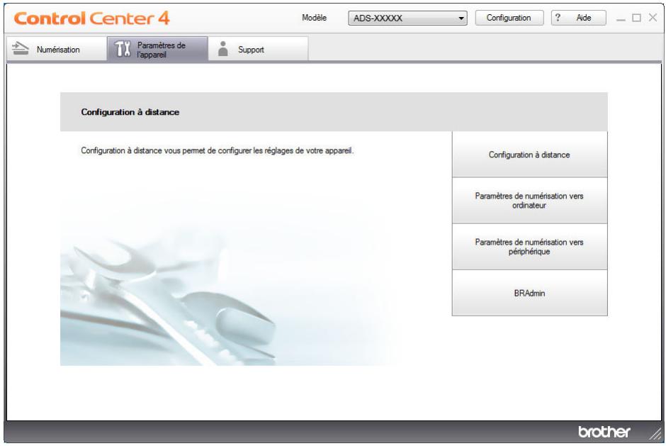 Control Center 4 Modèle ADS-XXXXX Configuration ? Aide Numérisation Paramètres de l'appareil Support Configuration à distance Configuration à distance vous permet de configurer les réglages de votre appareil. Configuration à distance Paramètres de numérisation vers ordinateur Paramètres de numérisation vers périphérique BRAmin brother