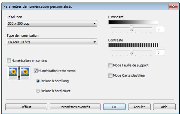 Paramètres de numérisation personnalisés Résolution 300 x 300 ppp Type de numérisation Couleur 24 bits Luminosité 0 Contraste 0 Numérisation en continu Numérisation recto verso Reliure à bord long Reliure à bord court Mode Feuille de support Mode Carte plastifiée Défaut Paramètres avancés OK Annuler Aide