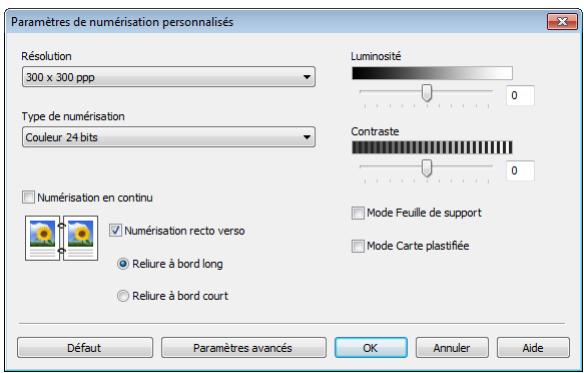 Paramètres de numérisation personnalisés Résolution 300 x 300 ppp Type de numérisation Couleur 24 bits Numérisation en continu Numérisation recto verso Reliure à bord long Reliure à bord court Luminosité 0 Contraste 0 Mode Feuille de support Mode Carte plastifiée Défaut Paramètres avancés OK Annuler Aide
