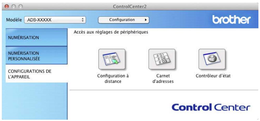 ControlCenter2 Modèle ADS-XXXXX Configuration brother NUMÉRISATION NUMÉRISATION PERSONNALISÉE CONFIGURATIONS DE L'APPAREIL Accès aux réglages de périphériques Configuration à distance Carnet d'adresses Contrôleur d'état Control Center