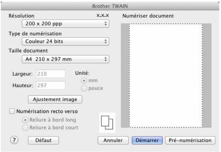 Brother TWAIN Résolution x.x.x 200 x 200 ppp Type de numérisation Couleur 24 bits Taille document A4 210 x 297 mm Largeur: 210 Unité: mm Hauteur: 297 pouce Ajustement image Numérisation recto verso Reliure à bord long Reliure à bord court ? Défaut Annuler Démarrer Pré-numérisation