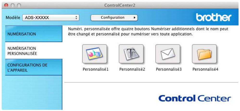 ControlCenter2 Modèle ADS-XXXXX Configuration brother NUMÉRISATION Numéri. personnalisée offre quatre boutons Numériser additionnels dont le nom peut être changé et personnalisé pour numériser vers toute application. NUMÉRISATION PERSONNALISÉE CONFIGURATIONS DE L'APPAREIL Personnalisé1 Personnalisé2 Personnalisé3 Personnalisé4 Control Center