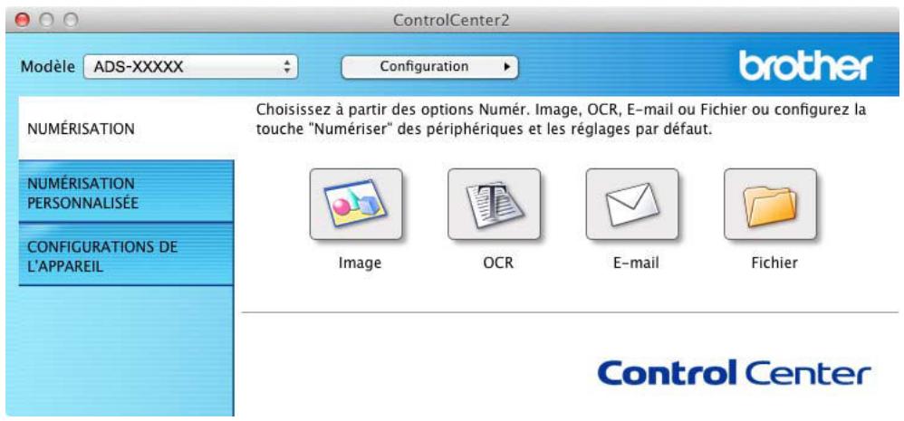 ControlCenter2 Modèle ADS-XXXXX Configuration brother NUMÉRISATION NumÉRISATION PERSONNALISÉE CONFIGURATIONS DE L'APPAREIL Choisissez à partir des options Numér. Image, OCR, E-mail ou Fichier ou configurez la touche "Numériser" des périphériques et les réglages par défaut. Image OCR E-mail Fichier Control Center